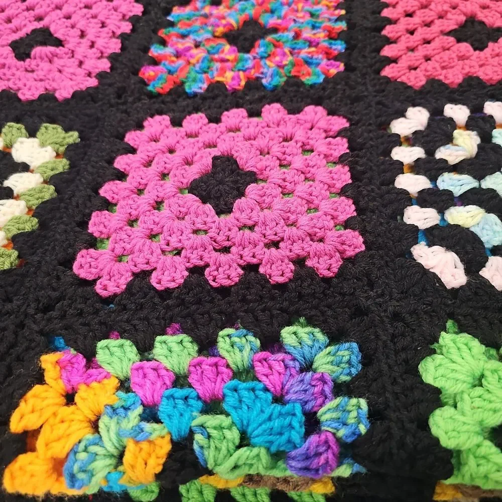 Vtg Handmade Granny Square Crochet Afghan Cottage Core 100